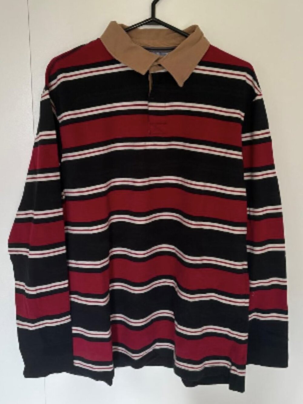 Men’s Black, Red and White Striped Long-Sleeved Polo with Beige Collar